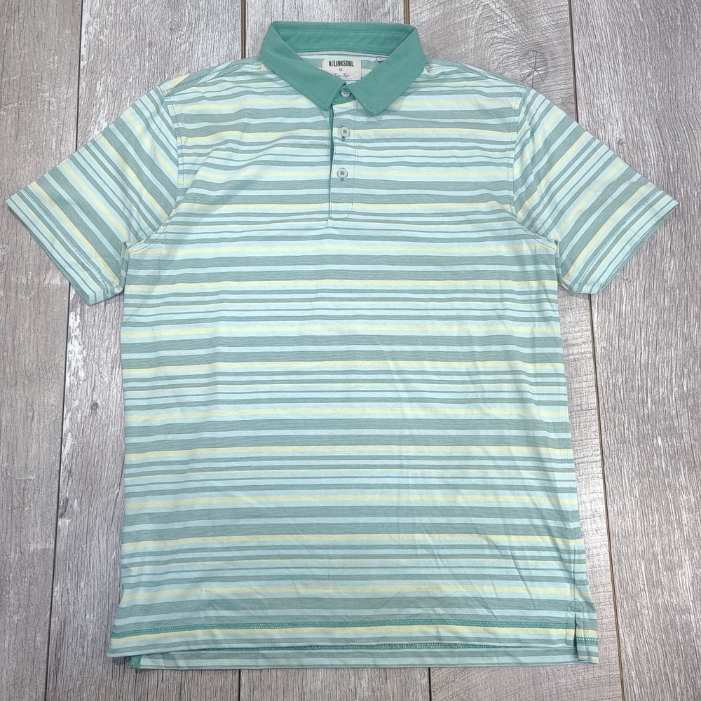 Linksoul Polo Shirt Mens Medium Green Striped Luxury Cotton Short Sleeve Golf